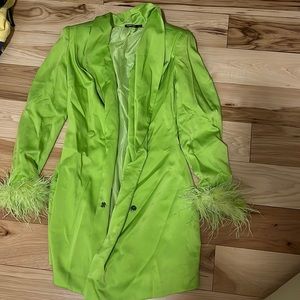 Silky blazer with feather cuffs. Long enough to wear as a dress.
